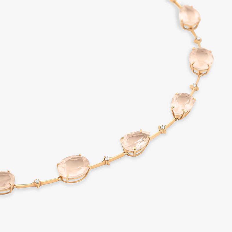 Colar Oval Articulado Sentidos em Ouro Rosé 18k com Quartzo Rosa e Diamantes - 42 cm