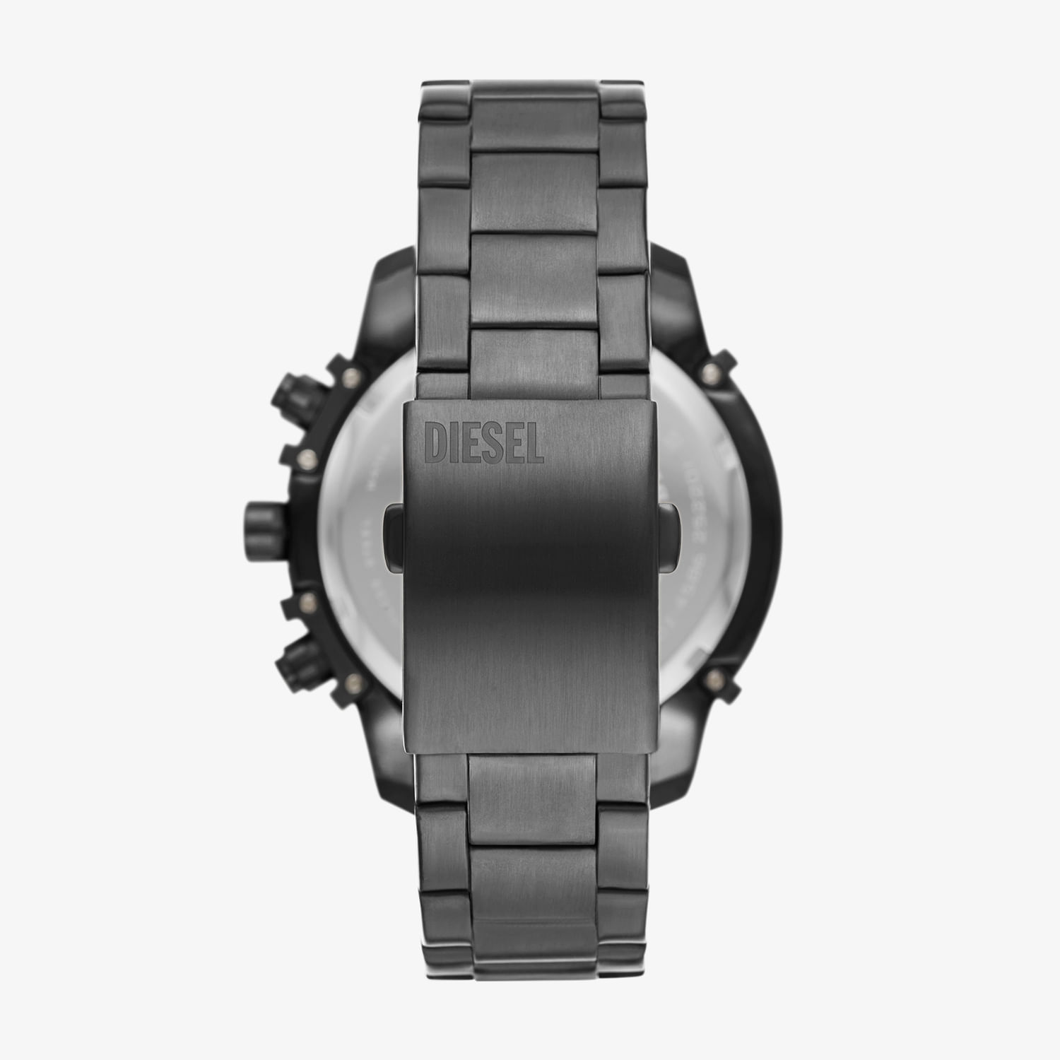 Relógio preto com pulseira de metal, visto de trás, com fecho onde está gravado "DIESEL".