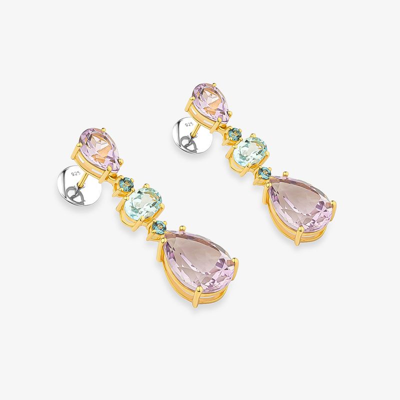 Brinco com Rose de France, Topázio Azul e Topázio London em Prata 925 com banho de Ouro Amarelo 18k