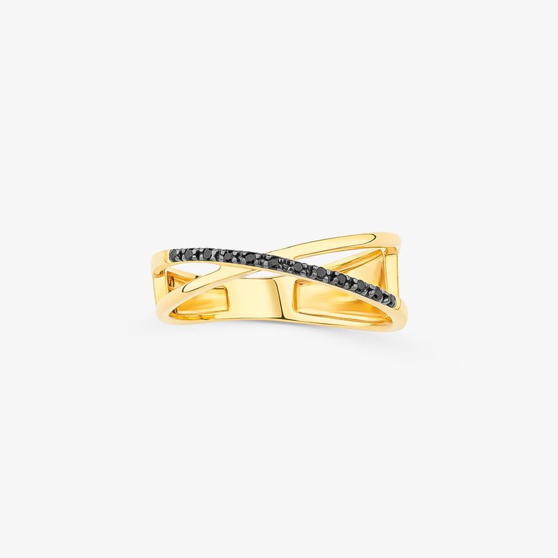 Um elegante anel de ouro com pedras pretas e um design moderno e elegante em um fundo branco.