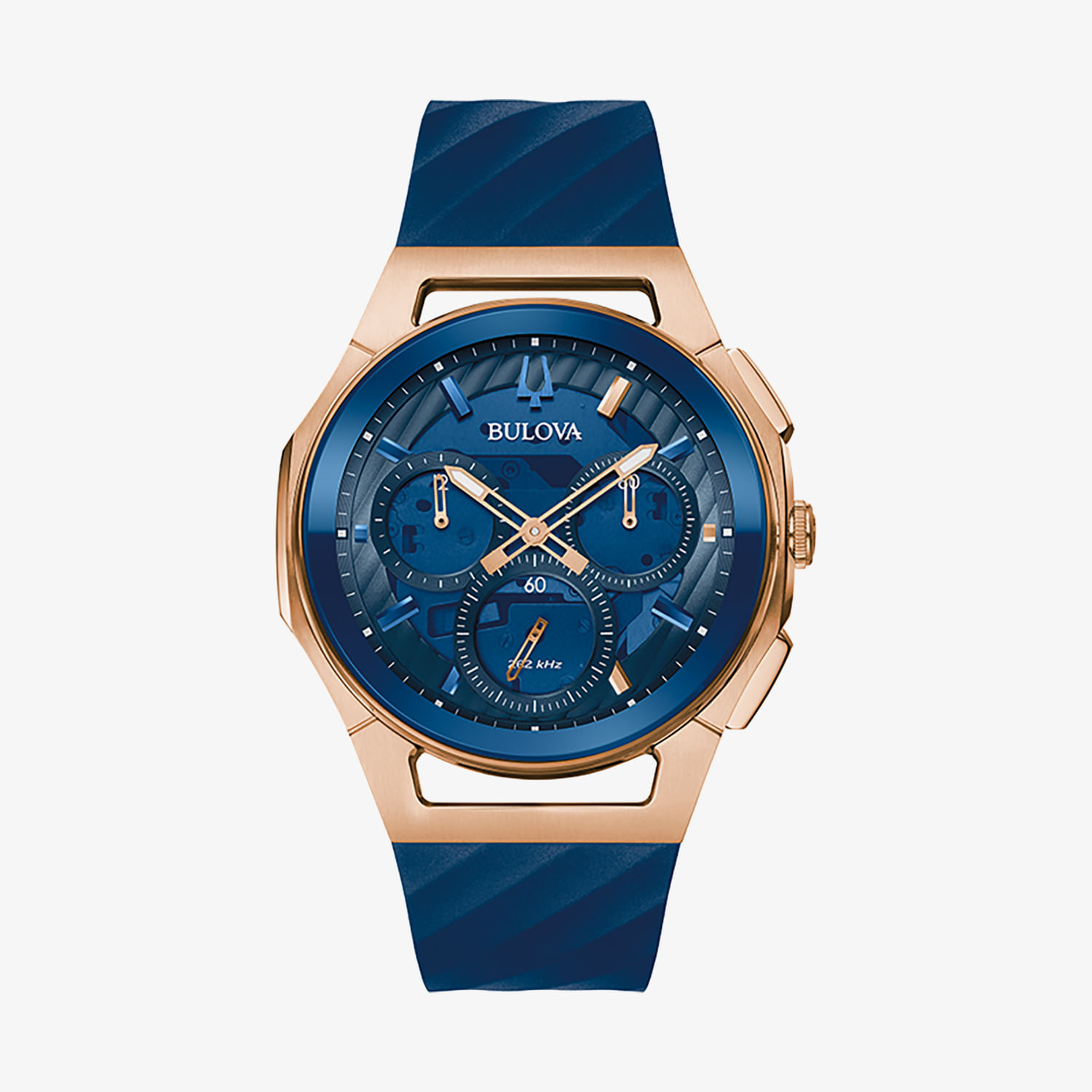 Relógio Bulova Curv Cronógrafo Masculino em Aço Rosé e Silicone Azul 97A185