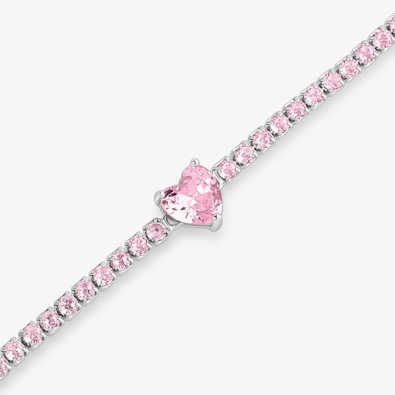 Pulseira Coração Riviera em Prata 925 com Pedras Rosas - 17cm