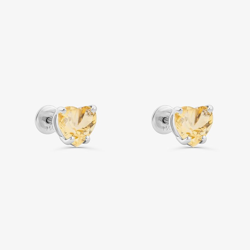 Brinco Stud Coração Summer em Ouro Branco 18k com Citrino