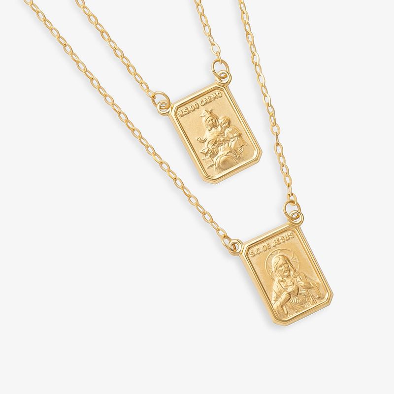 Escapulário Sagrado Coração de Jesus e Nossa Senhora do Carmo em Ouro Amarelo 18k